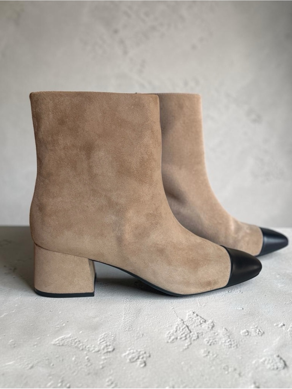 Taupe Suede Block Heel Ankle Boots with Black Cap Toe